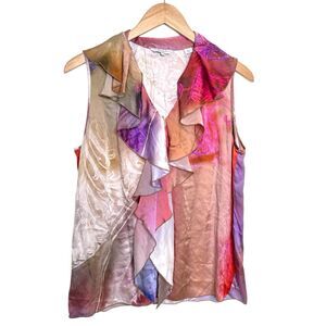 Audrey Talbott Carmel Silk Ruffle Blouse 12 Multicolor Abstract Print Boho Top